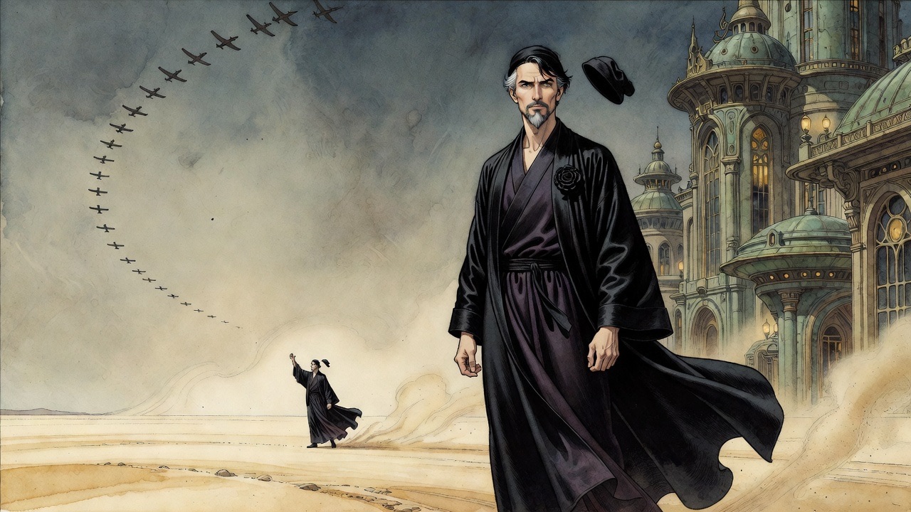 A tiny robed figure stands on a windswept empty waste while a dark swarm of aeroplanes swoops down from a vast sky.