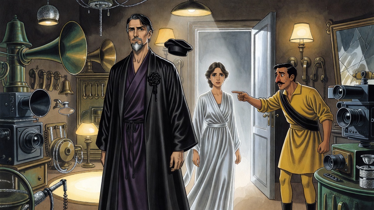 Through an opening door comes a slender young woman in silvery grey, backlit, as the robed man turns toward her.