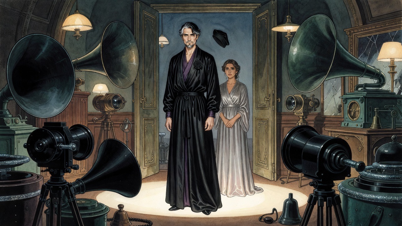 The young woman stands quietly at the edge of the light while the robed man turns back toward the cameras, renewed.