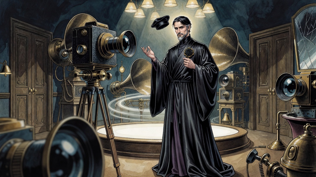 Low-angle view of the bearded man beginning to speak slowly to the machines, one hand lifted.