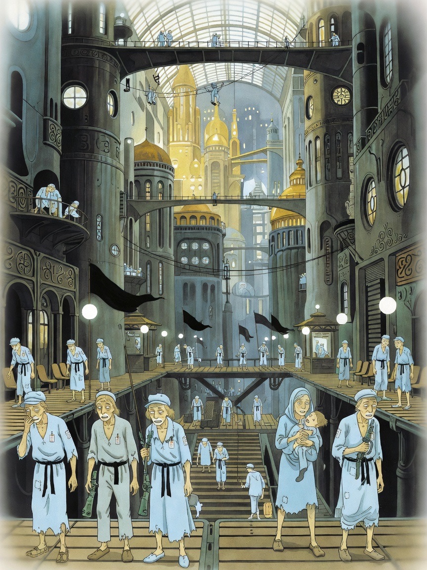 An imagined contrast: colossal glittering city towers above tiny tired figures in blue toiling in the gloom below.
