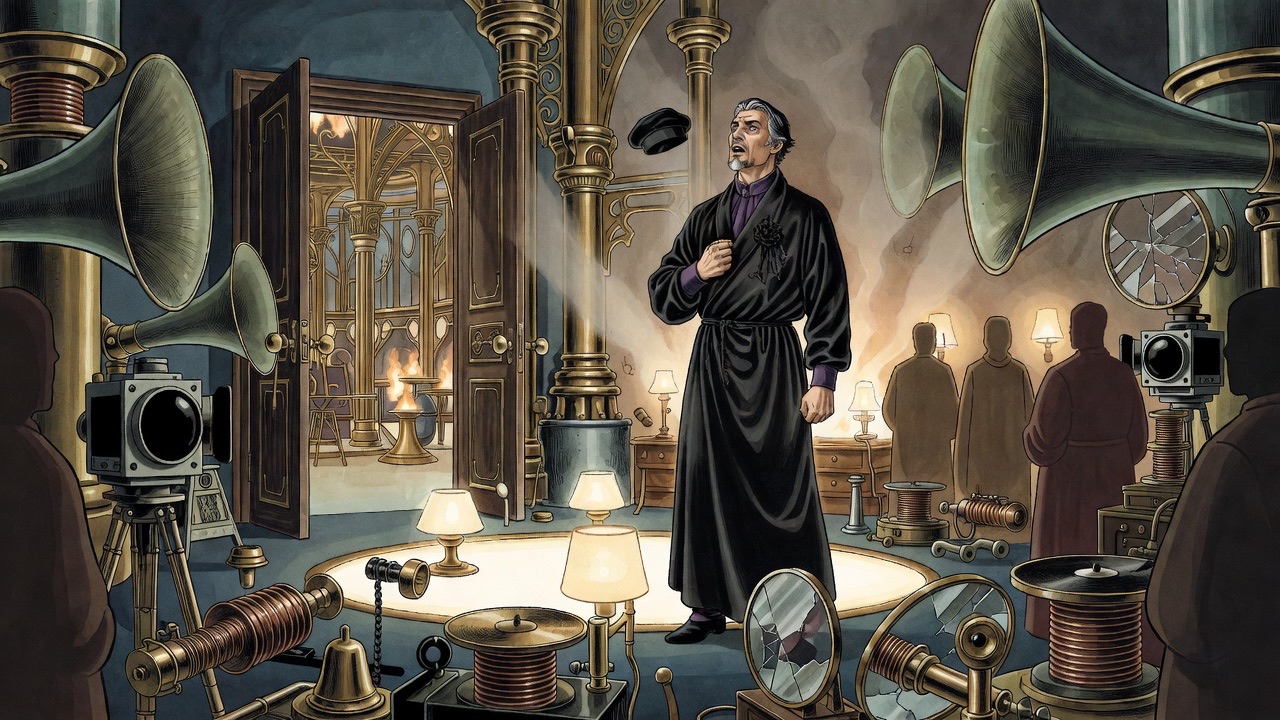 From the shadows behind humming recorders, dim attendants watch the robed man speaking with all his heart.