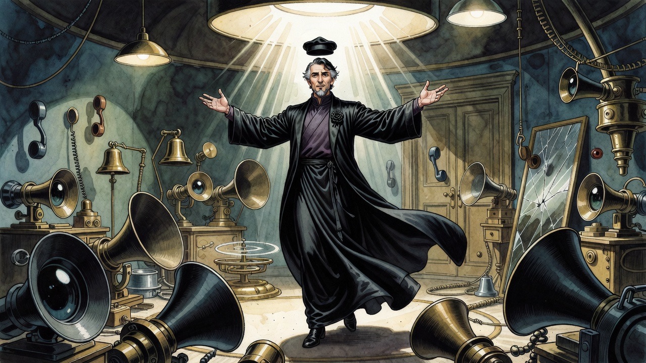 The robed man, exalted, spreads his arms wide in a blaze of light, giving himself to the people of the world.
