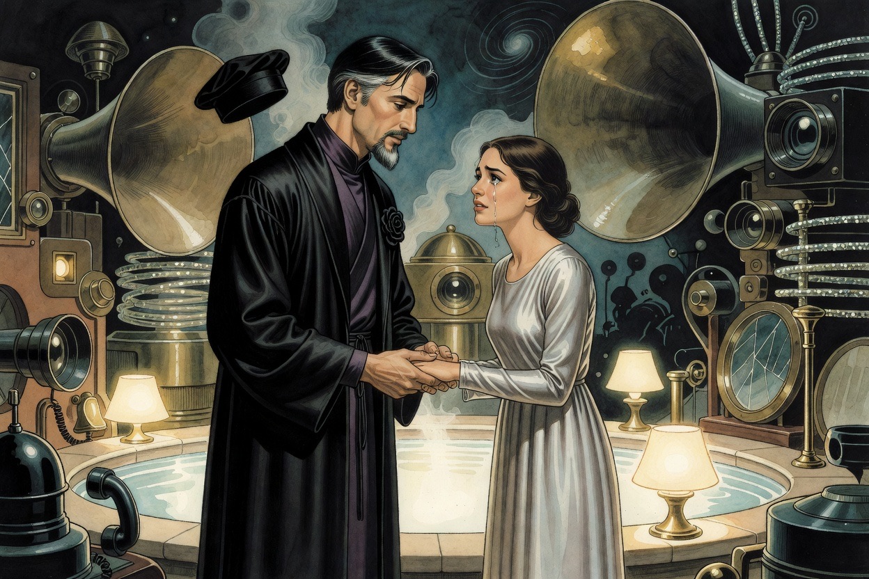 Close two-shot: the tearful young woman and the robed man clasp each other's hands, eyes meeting.
