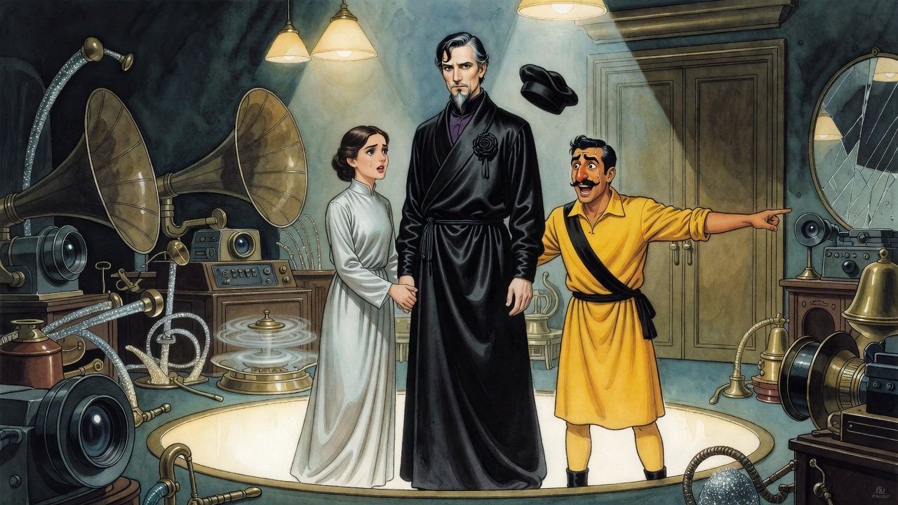 The man in yellow bursts upon the robed man and the young woman, flushed with excitement, gesturing southward.