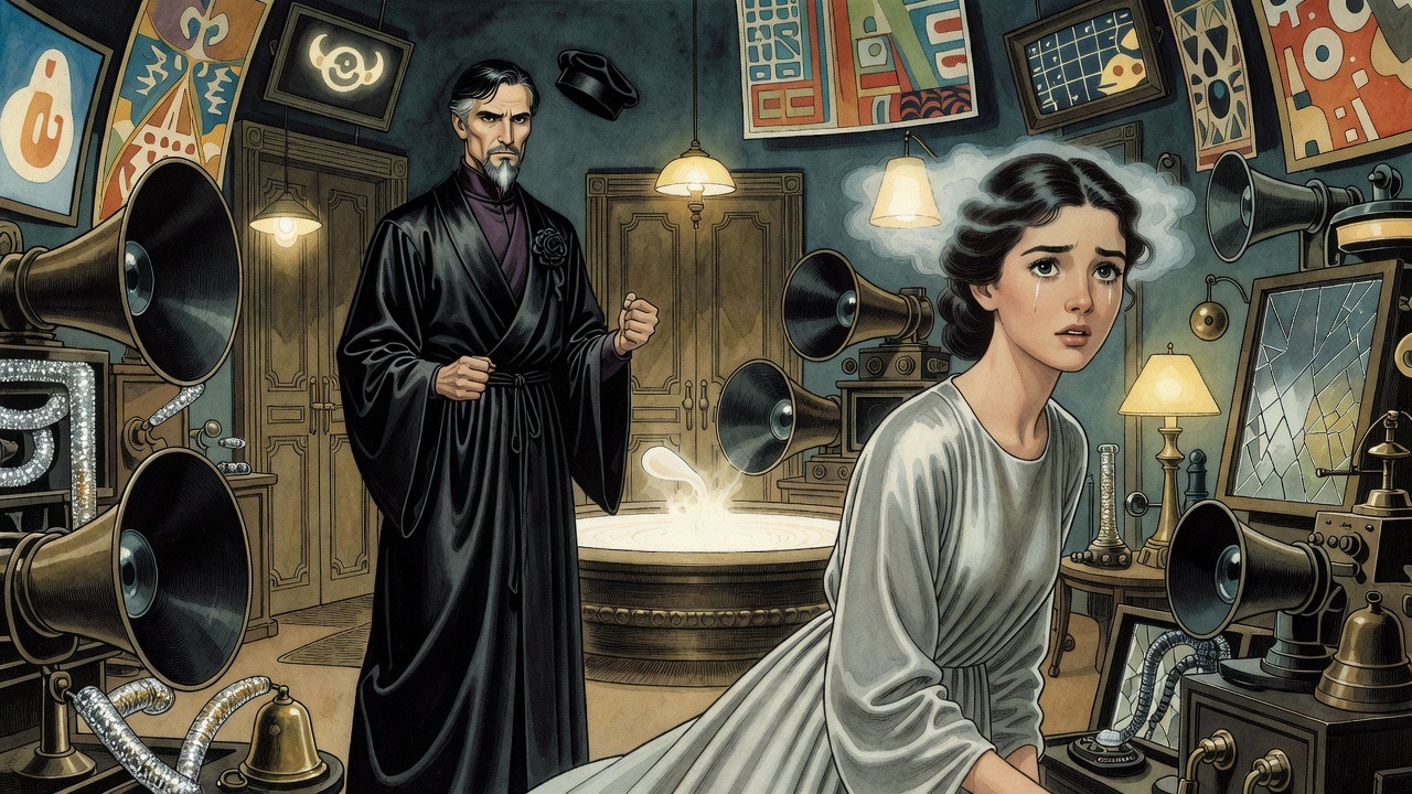 Close on the bearded man speaking earnestly to the young woman, whose eyes show a flicker of surprise.