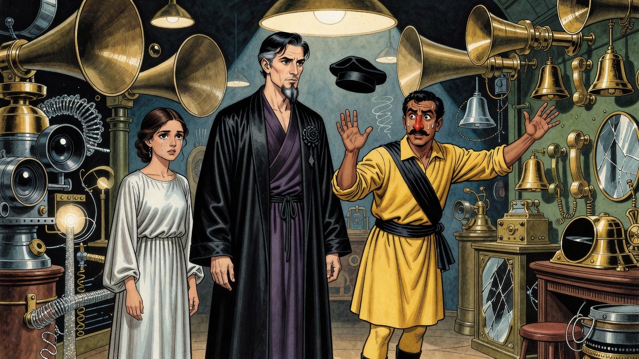 The man in yellow protests, motioning toward the small room, as the robed man half-turns to go.