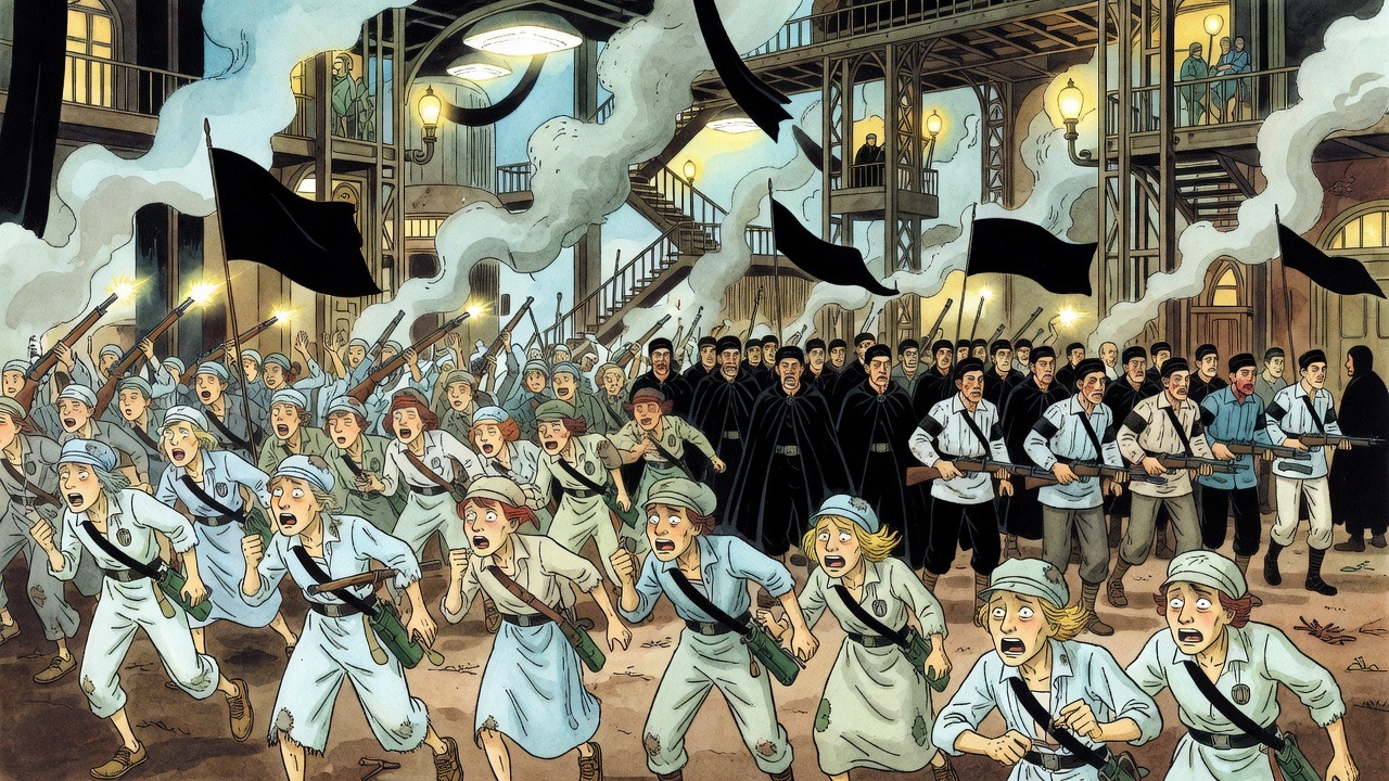 An imagined underground battle: blue-clad rioters with small green carbines surging through smoky galleries under electric glare.