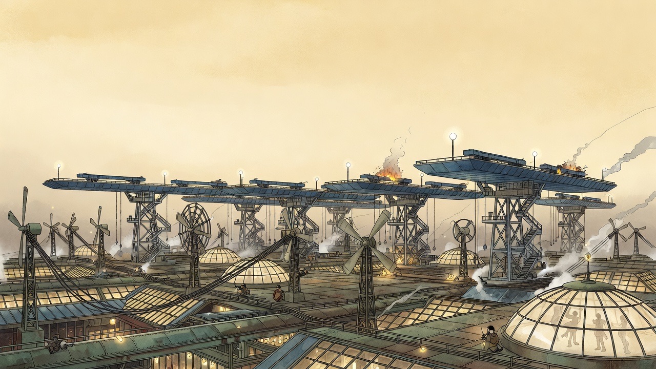 Above the city the flying stages stand under an empty brilliant sky, with thin threads of smoke rising and a few sharpshooters on the roofs.