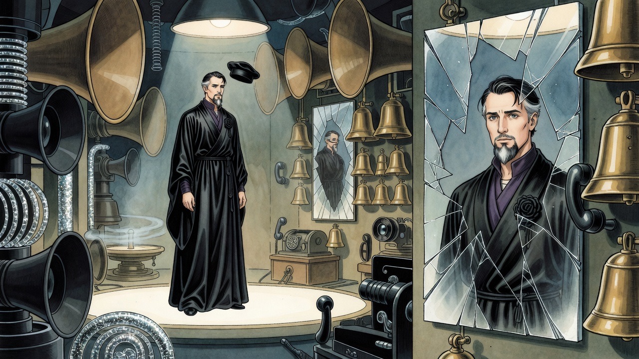 Graham's bearded face is reflected in fragments in a cracked mirror on the wall among the bells.