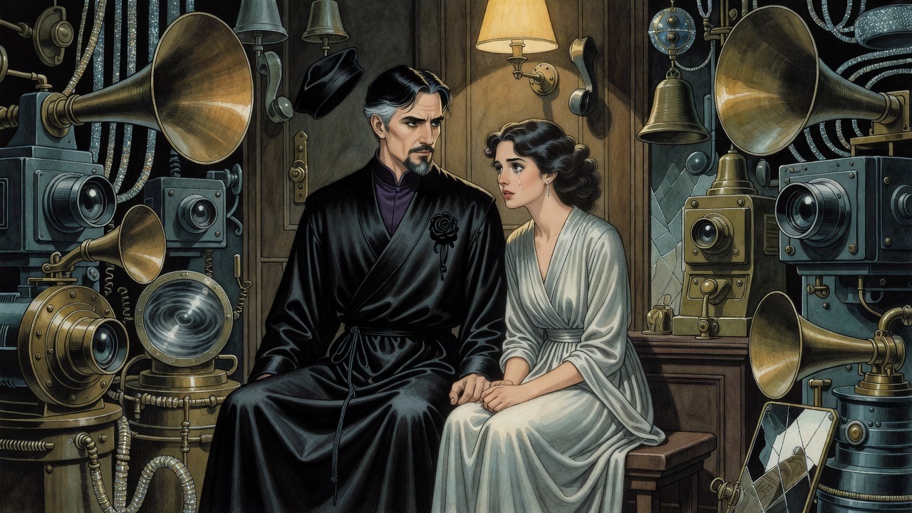 With the door closed, the robed man and the young woman sit close in the quiet room, absorbed in one another.