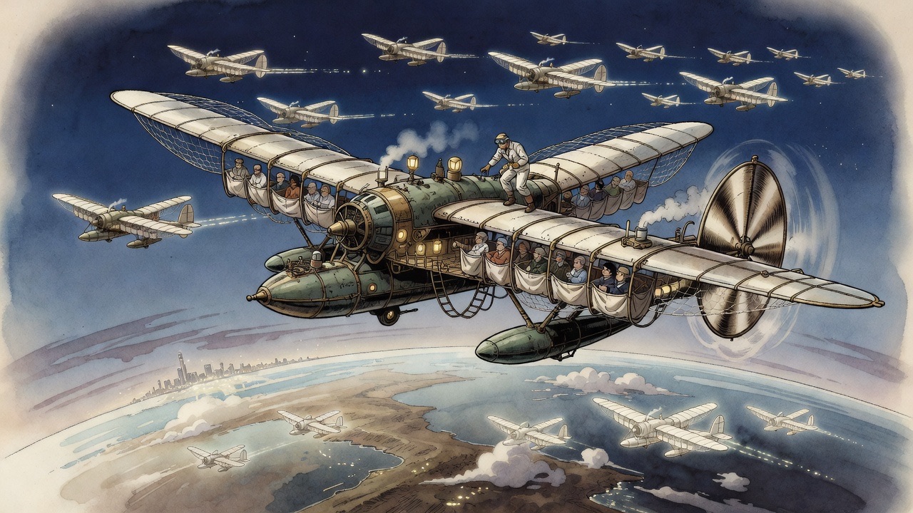 An imagined vision: a fleet of glowing aeroplanes crossing the curved rim of the earth toward a distant throbbing city.