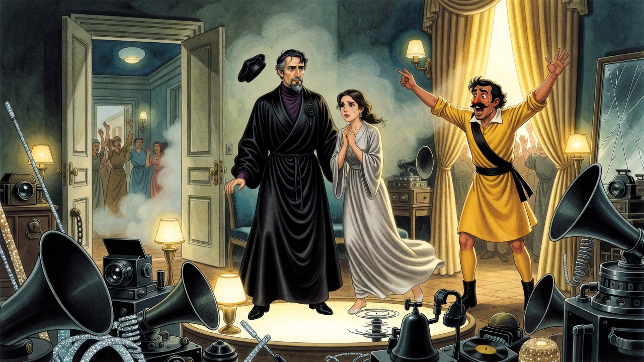 The dishevelled man in yellow bursts through the curtains, arms raised, as the young woman leaps to her feet.