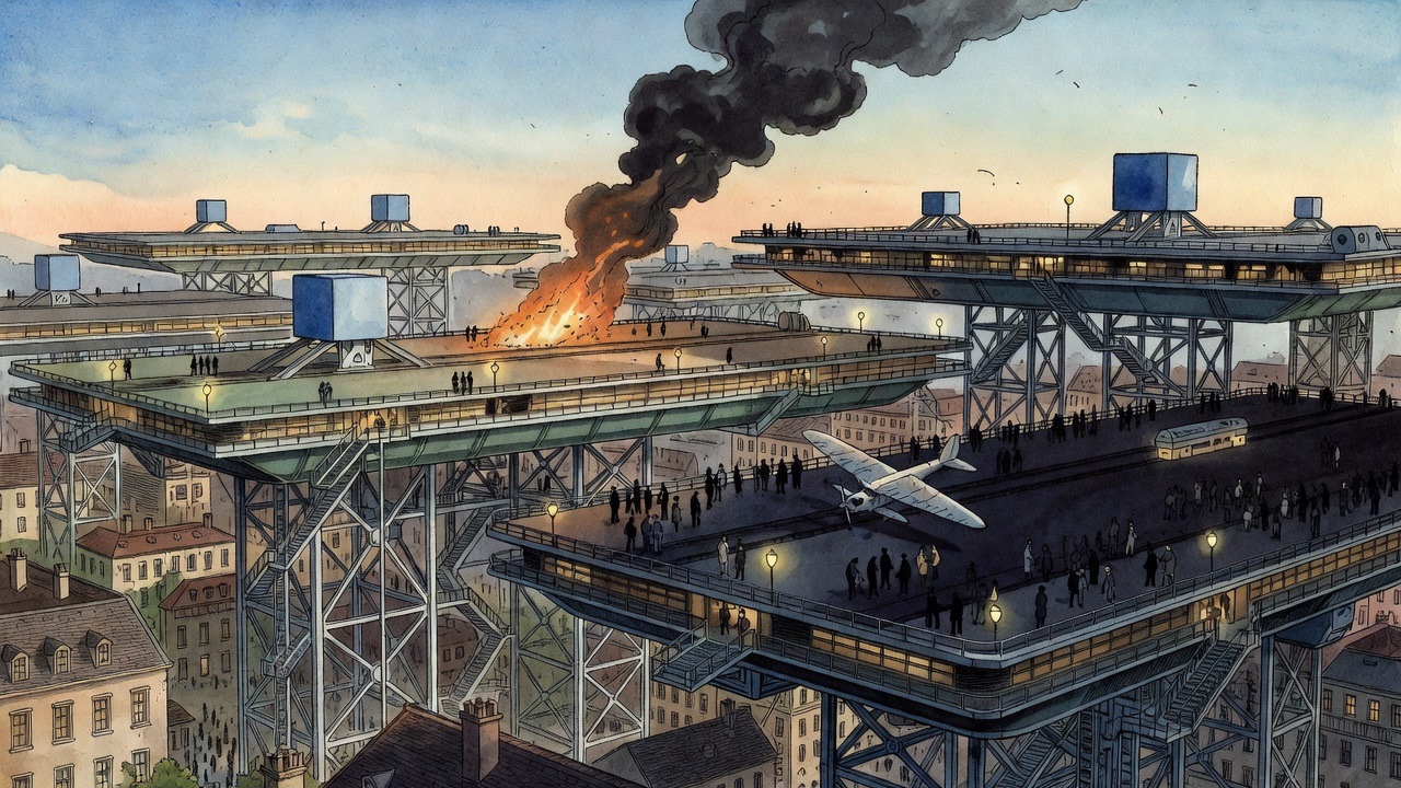 An imagined distant view of a colossal flying stage burning wildly, a great column of smoke rising over the city roofs.