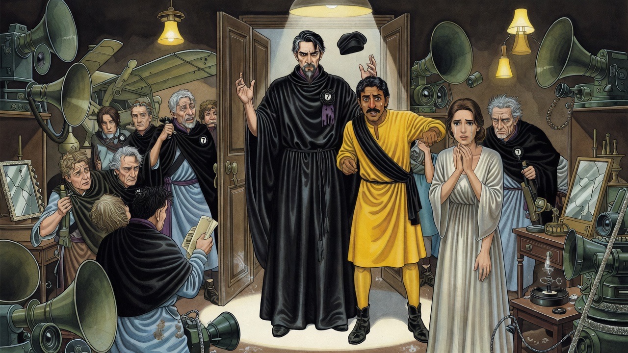 A grey-headed ward leader rushes in with dreadful news, hands raised in despair, while the others turn pale.