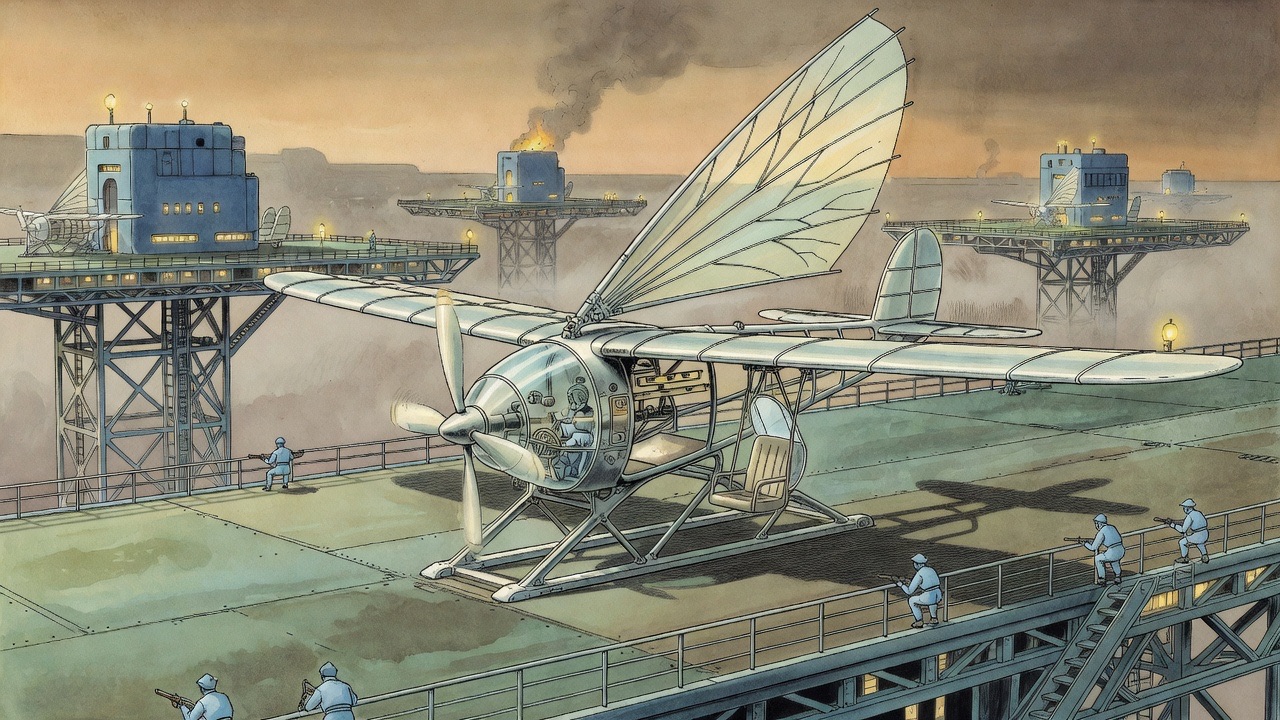 An imagined view of a small translucent-winged monoplane lying crossways on a launching carrier atop a vast captured flying stage.