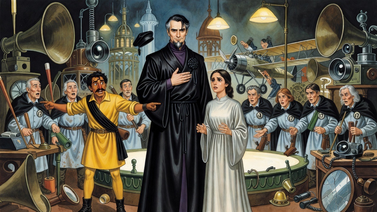The robed man turns to the young woman with sudden decision; she stares, stricken, as the two men look on.