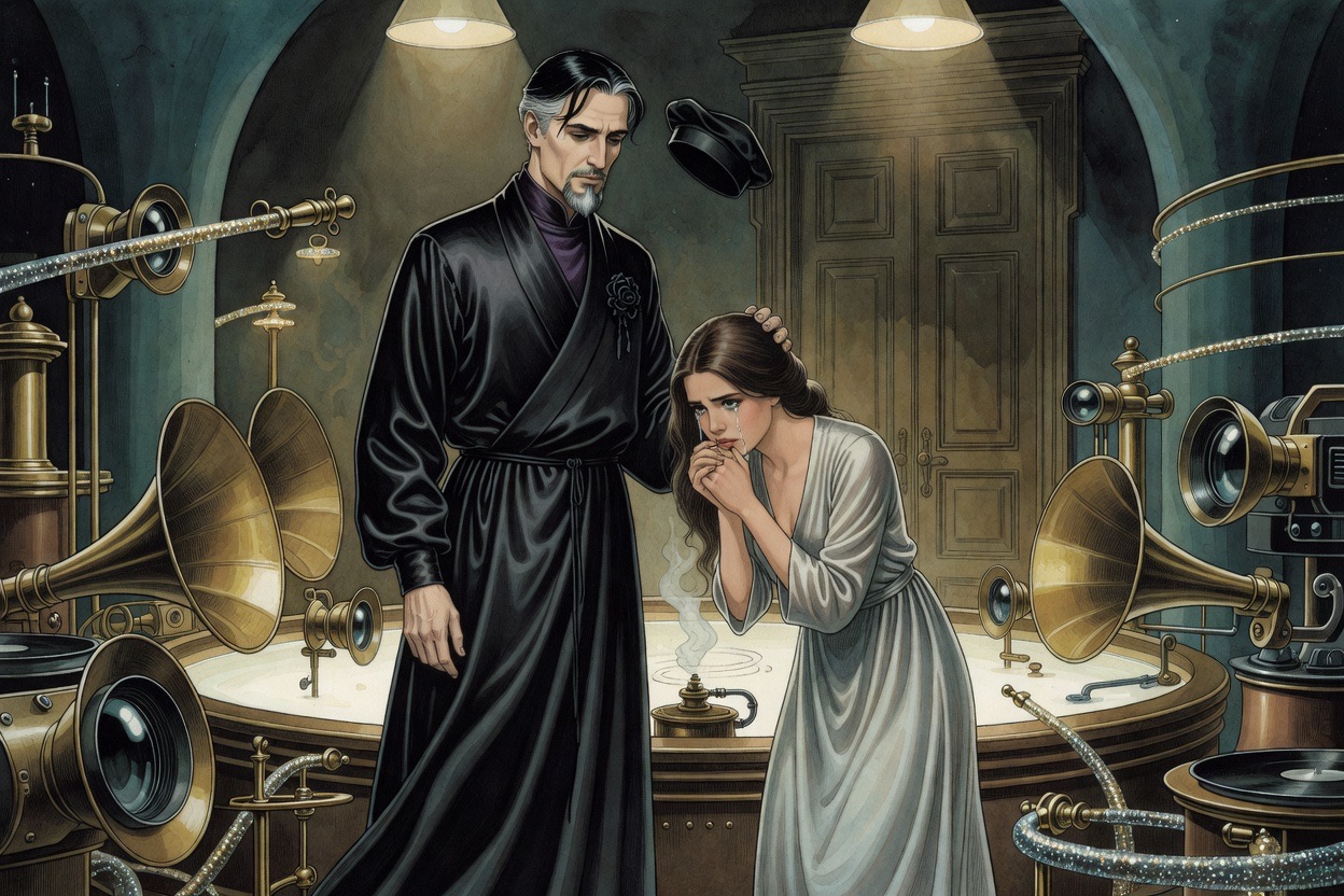 Close on the tearful young woman bending to kiss the robed man's hand, her eyes brimming.