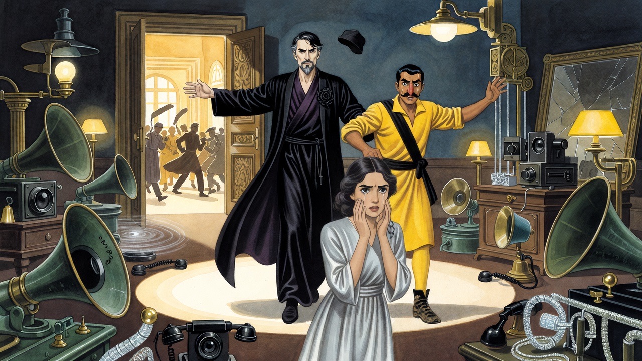 In silhouette in a bright doorway, the robed man sweeps his arm forward, the man in yellow before him and the young woman left behind.