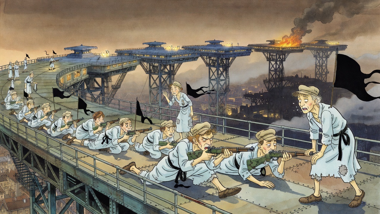 Two blue-clad marksmen lie at the edge of a vast flying stage, carbines ready, peering across at a neighbouring stage.