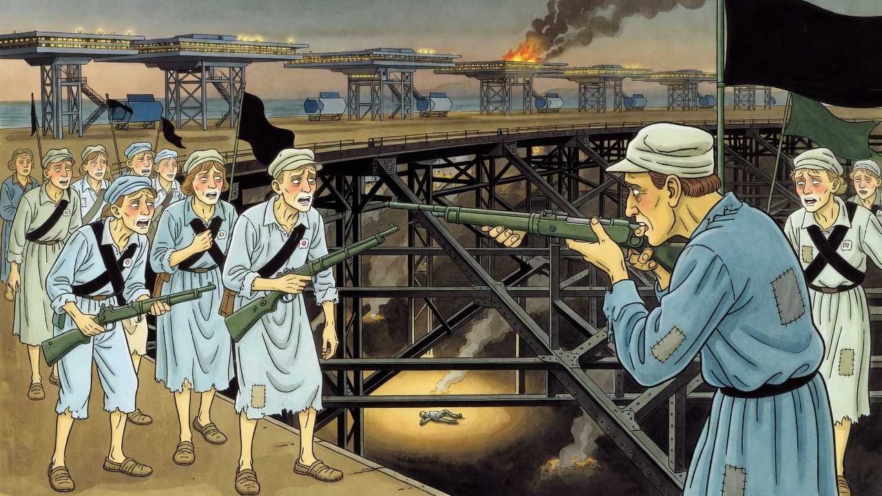 Over a marksman's shoulder, a view down into the shadowy girders of the enemy stage where a figure lies still.