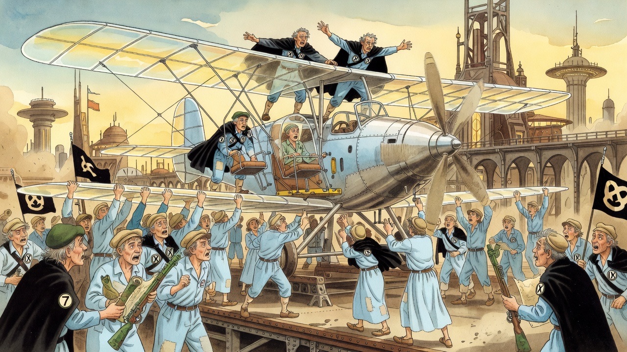 Ward leaders clamber onto the monoplane while a crowd grips every edge of its wings, three deep.