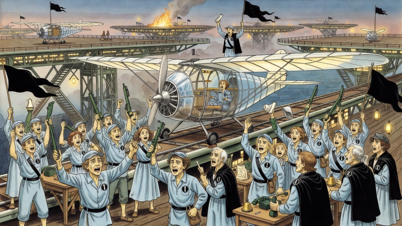 The crowd cheers wildly as the monoplane sits aligned on its launching rails at last.