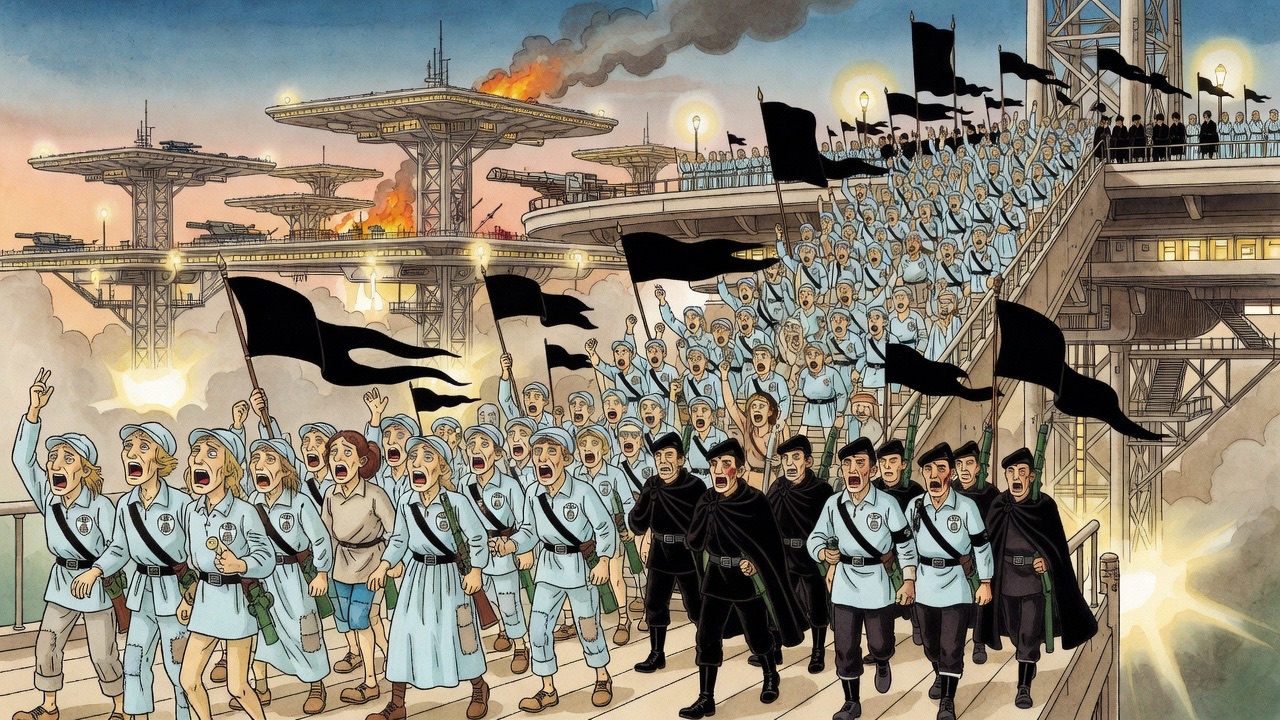 A thick stream of heads pours up the stairway amid black banners as the crowd roars.
