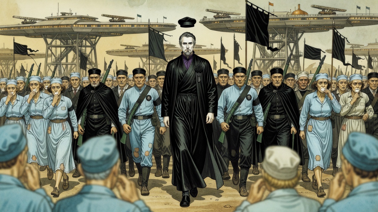 Seen from the crowd, the tall robed man passes steadily between black-uniformed guards, his face white and fixed.