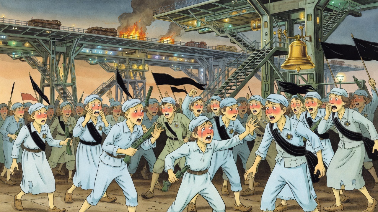Panic in the crowd as a clanging bell clears the stage; a weeping lad pushes toward the stairs.
