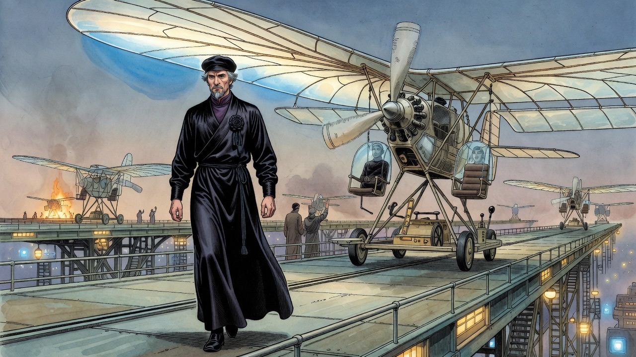 The robed man strides alone into the shadow of the monoplane's tilting translucent wing.