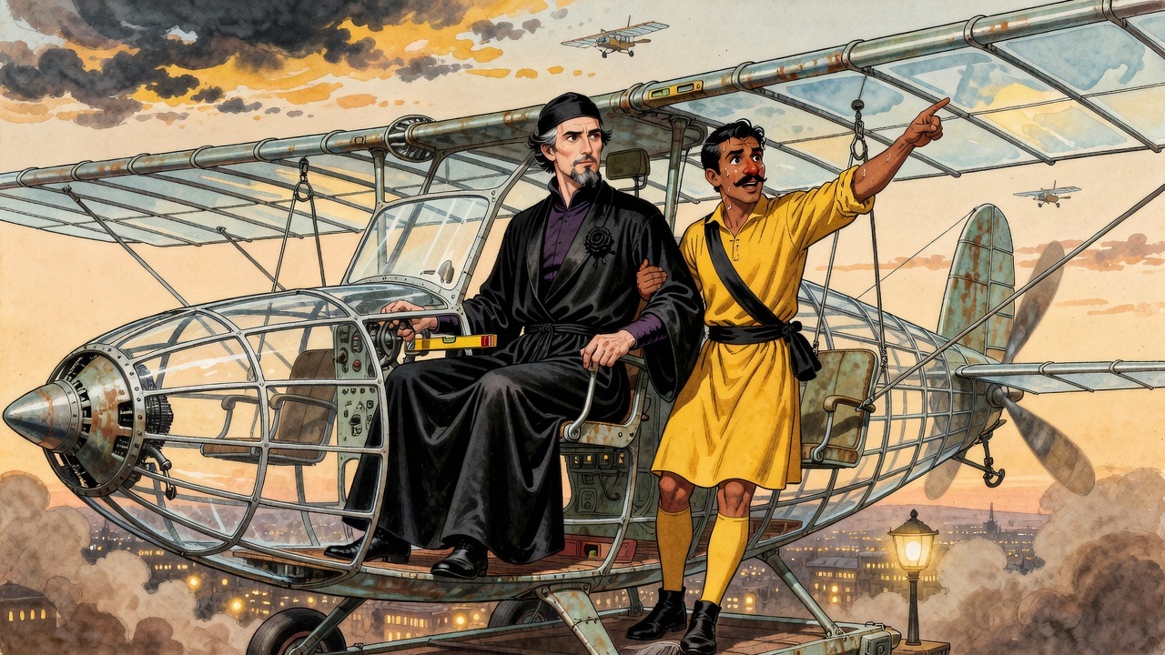From the monoplane's ribs, the man in yellow points up at two small flying machines climbing in the southern sky while the robed man settles in the seat.