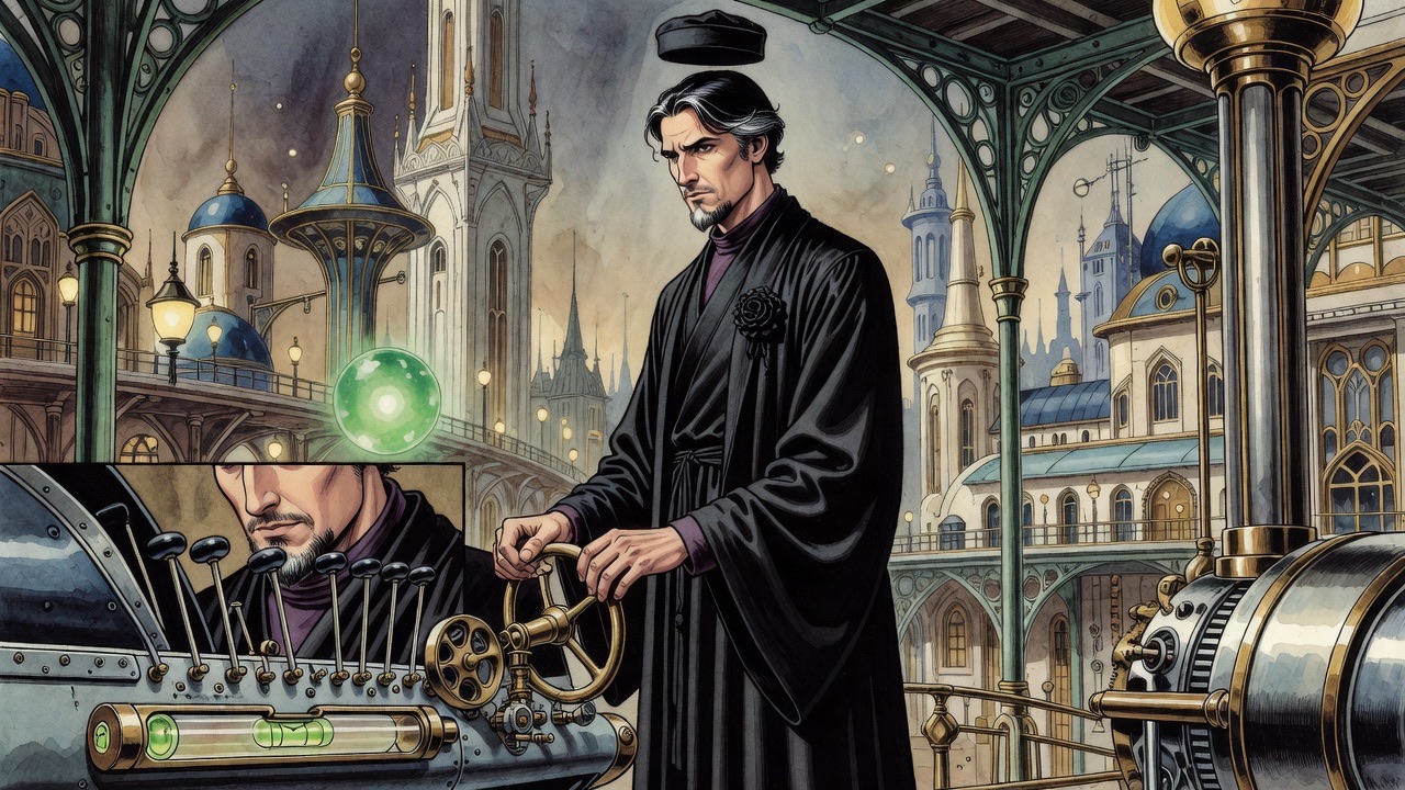 Close on the robed man's hands at the levers and wheel as the bubble in a spirit level floats to centre.