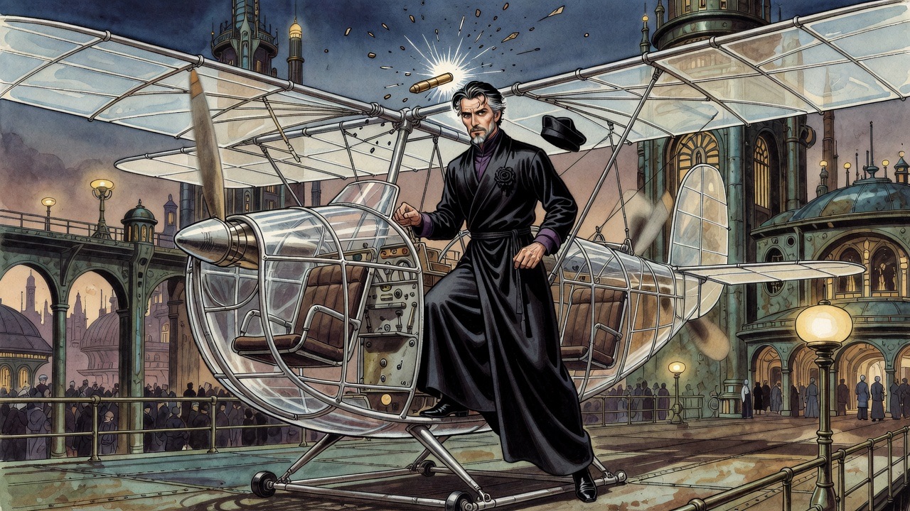 A bullet sparks on a metal bar above the man's head; he half-rises from his seat to look.