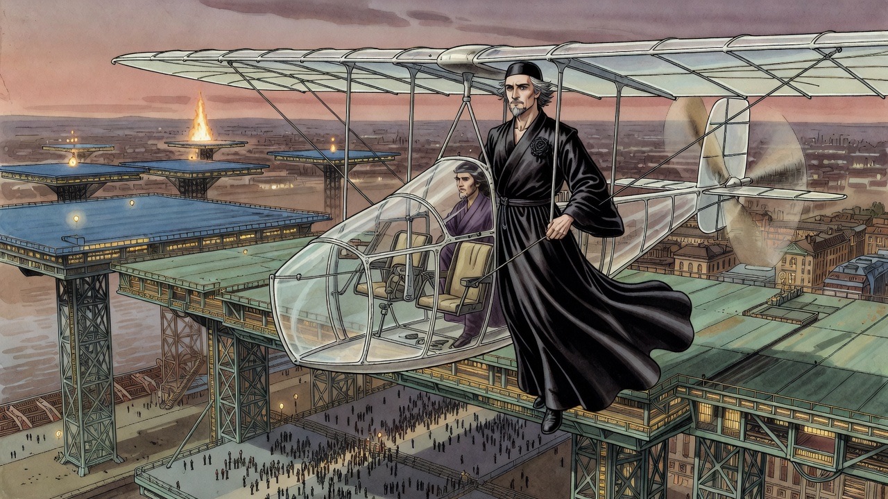 From high behind the monoplane, the flying stage and dark crowd drop swiftly away below.