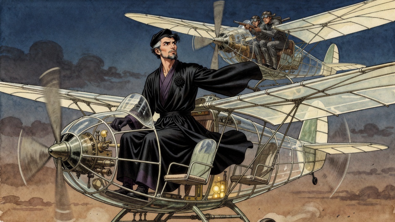 An enemy monoplane cuts across the course above; its two little aeronauts peer down, one aiming a weapon.