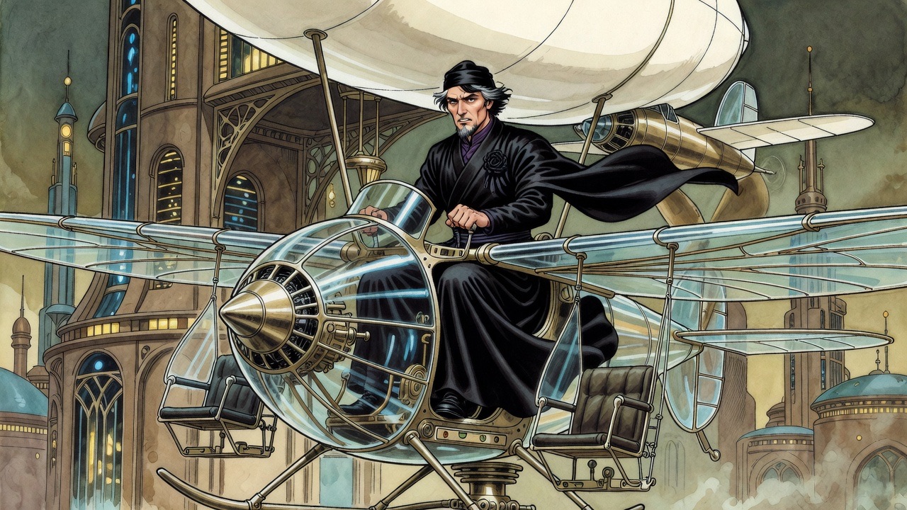 Through the wind-screen, the man grimaces as he drives his monoplane straight at the enemy machine.