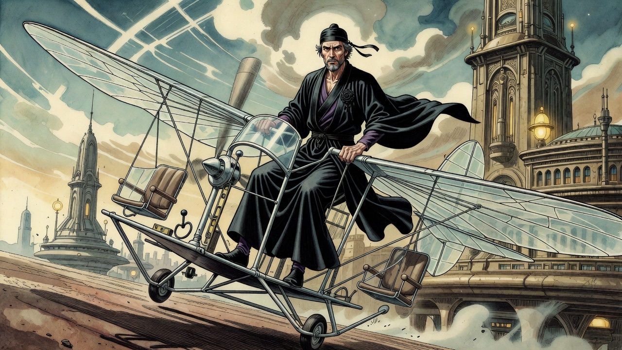 The monoplane reels nose-up, its pilot hanging on the levers with all his strength.