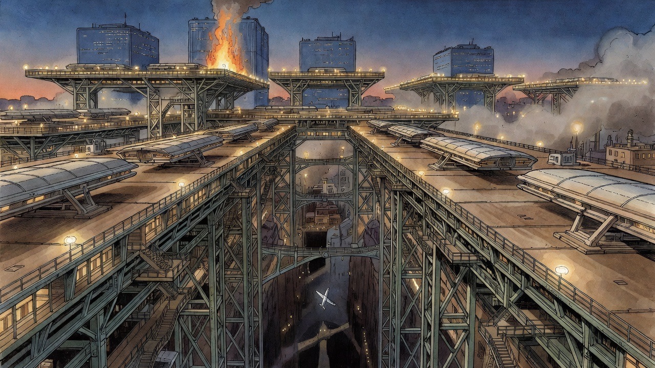 Far below, in the chasm between two flying stages, a slender edge of wing falls and vanishes.