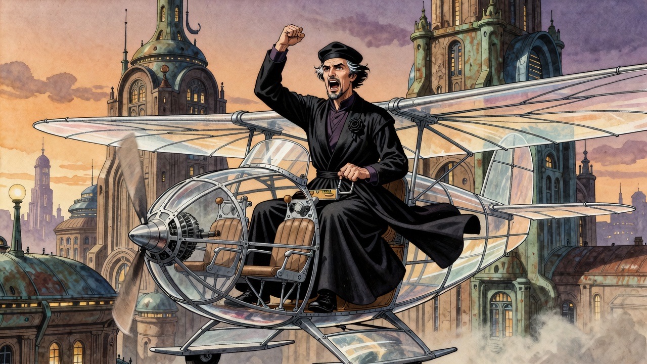 The robed man throws back his head with an inarticulate shout of joy as he climbs.