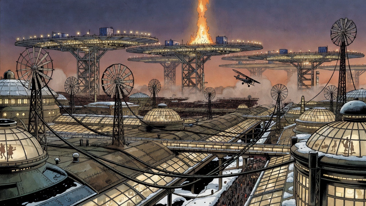 At twilight the city glows below: a burning flying stage stands like a pillar of fire, others lit with guide lights.