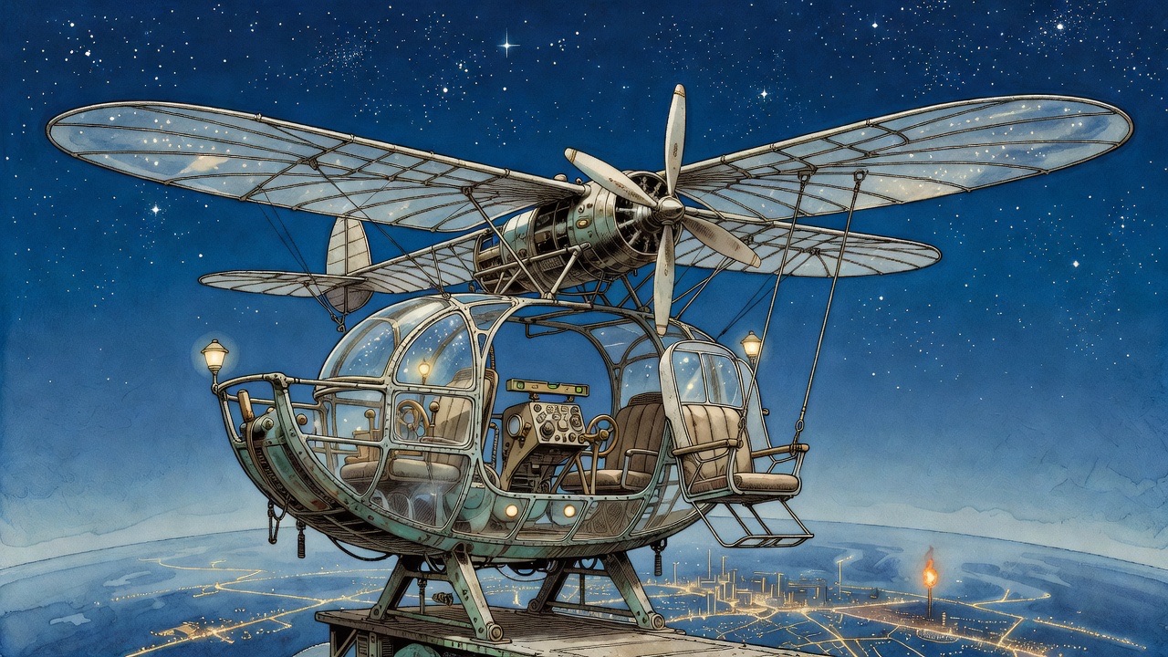 From very high, the city spreads like a little map traced in light at the brim of the horizon under the stars.