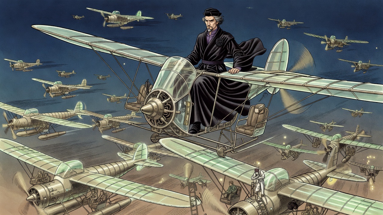 The monoplane plummets from above toward the apex of a wedge of gigantic glowing aeroplanes.