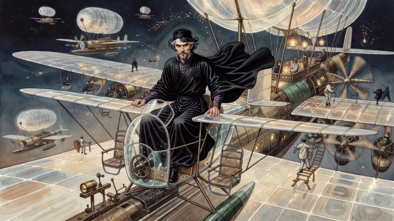 The monoplane strikes the edge of the giant aeroplane's starboard wing and skids across its vast expanse toward the rim.