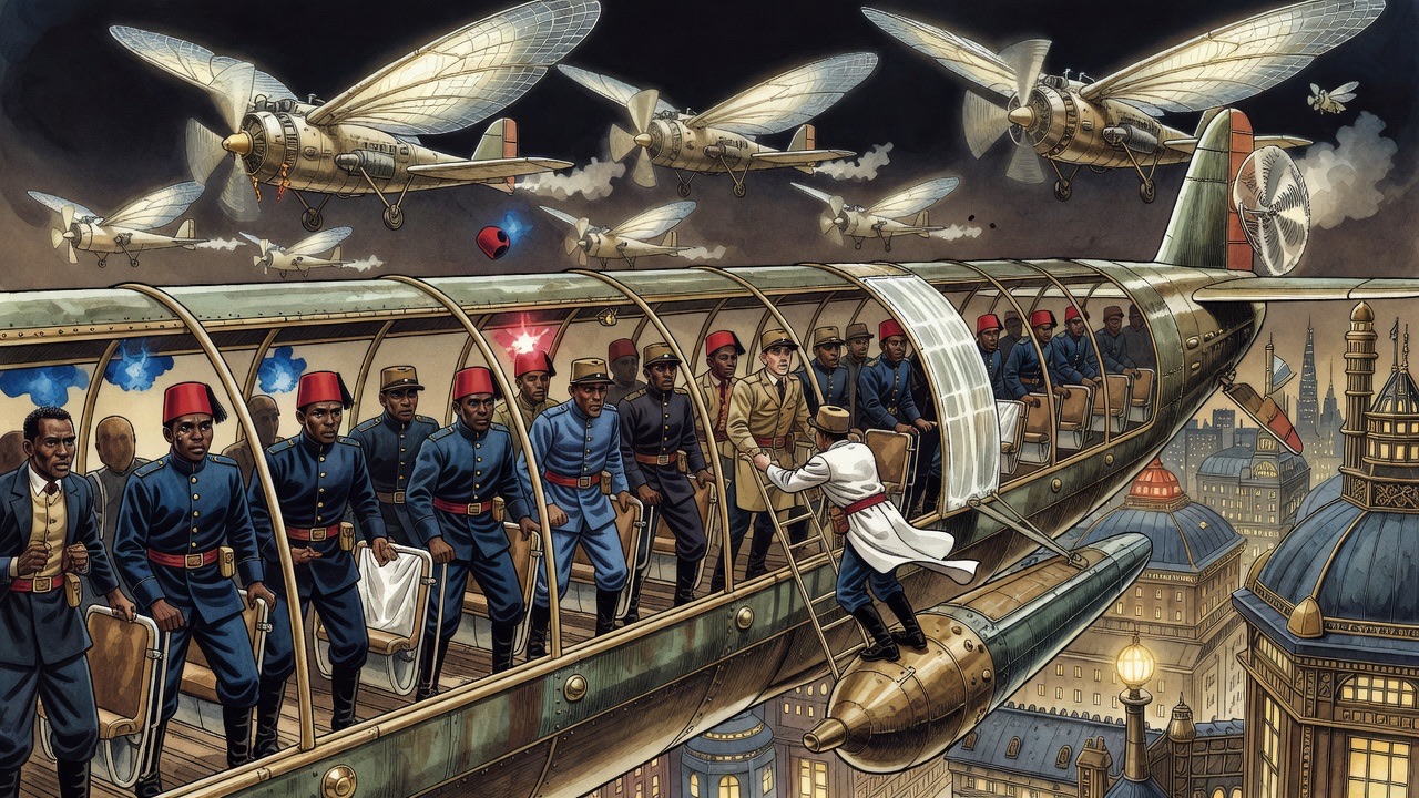 Through the tilting ribs of the giant aeroplane, sliding chairs, alarmed faces and hands clutching guide bars.