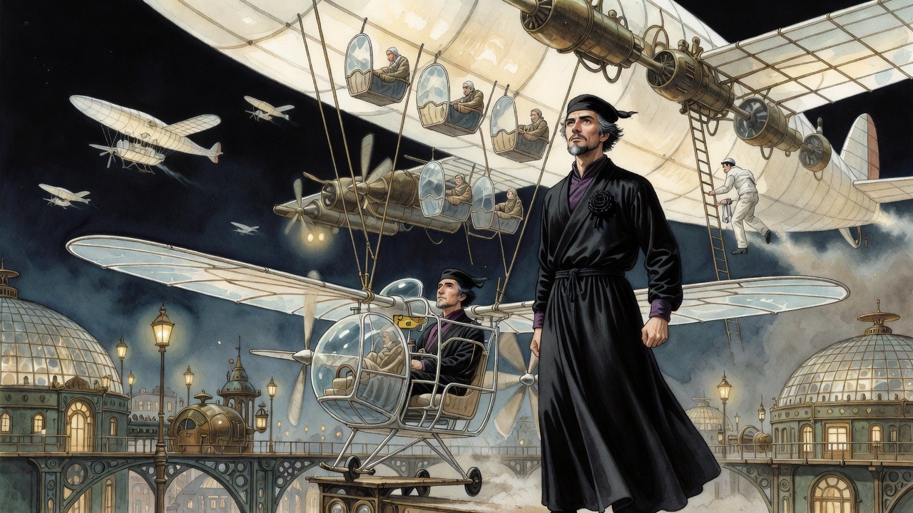 The overturned giant aeroplane hangs like a vast sloping wall above the small monoplane dropping clear.