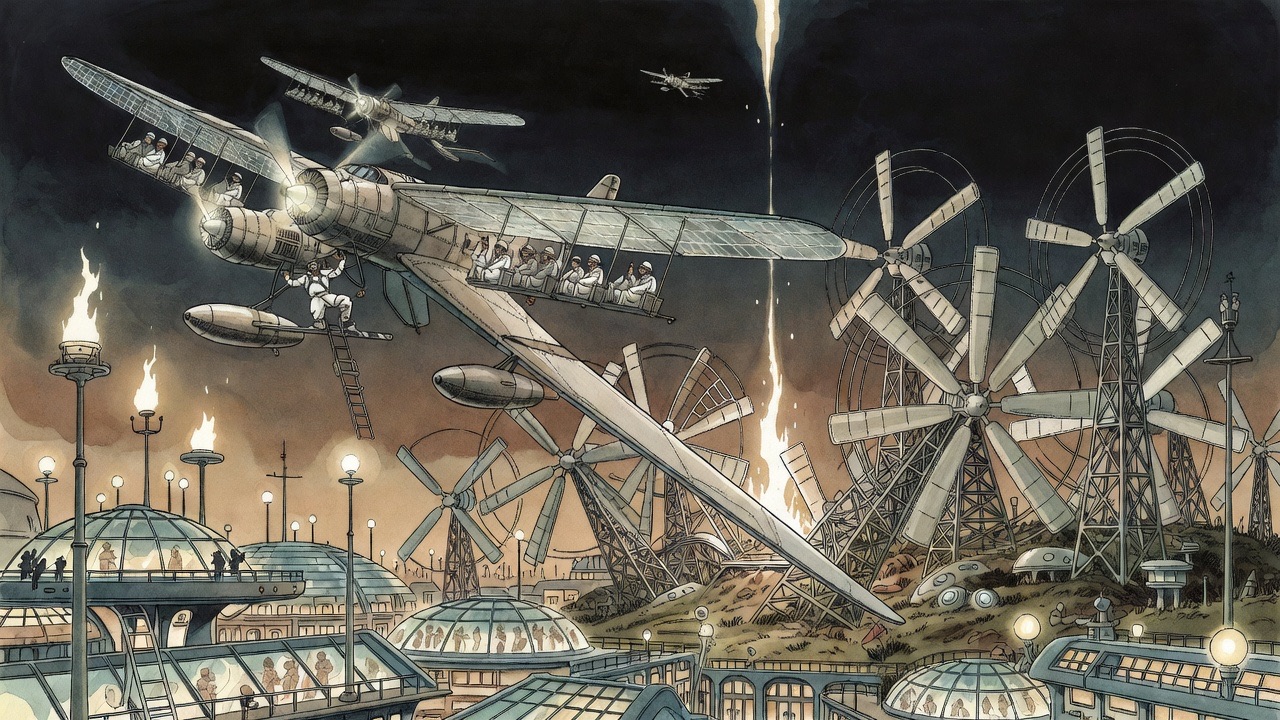 The struck aeroplane smashes upside down among great wind-wheels on a hillside, a tongue of white fire leaping up.