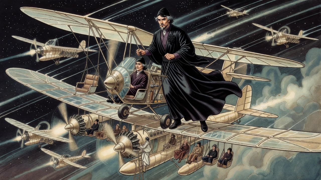 A second giant aeroplane rushes past just beneath the little monoplane, its gust nearly flipping it over.