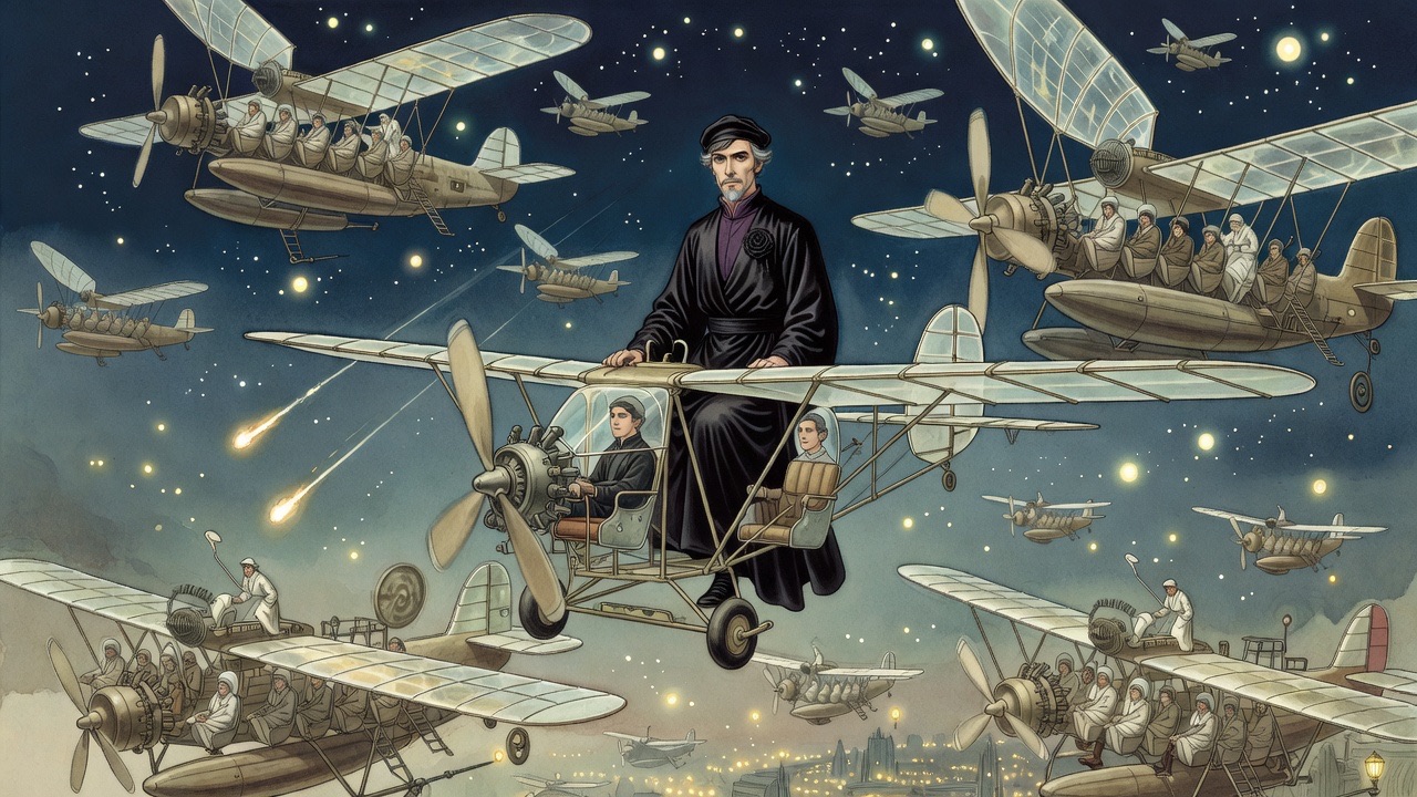 The sky swarms with giant aeroplanes circling wildly around the little monoplane; a second squadron glows on the horizon.