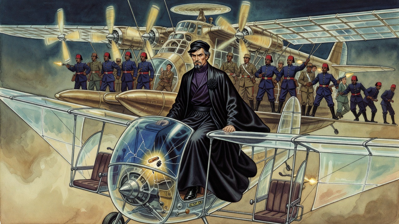 Close on the monoplane's wind-screen as bullets star the thick glass, the enemy aeroplane below bristling with rifles.